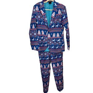 Mens Winter Wonderland Nordic Deer Ugly Christmas Suit Blue Small Slim Fit